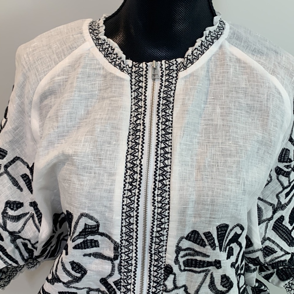Chicos Black White Linen Embroidered Aztec Bomber Jacket Size 2 or Large - Picture 3 of 8